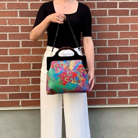 Genuine Leather Fruit Printed Gradient Color Wood Handle bag & 2 Chain Styles - Picture 2 of 16